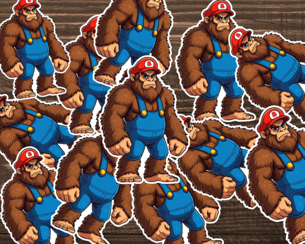 A table full of Bigfoot stickers that look like Mario.