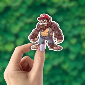 A hand holding a sticker of Bigfoot as Mario