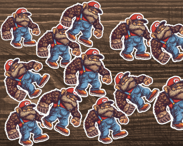 A table full of Bigfoot stickers that looks like Mario