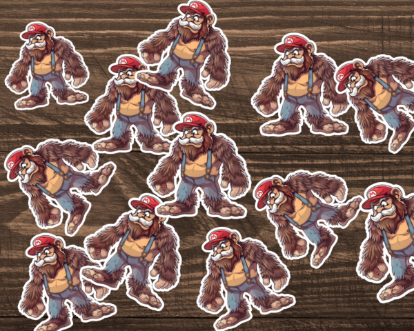 A table full of stickers of Bigfoot as Mario